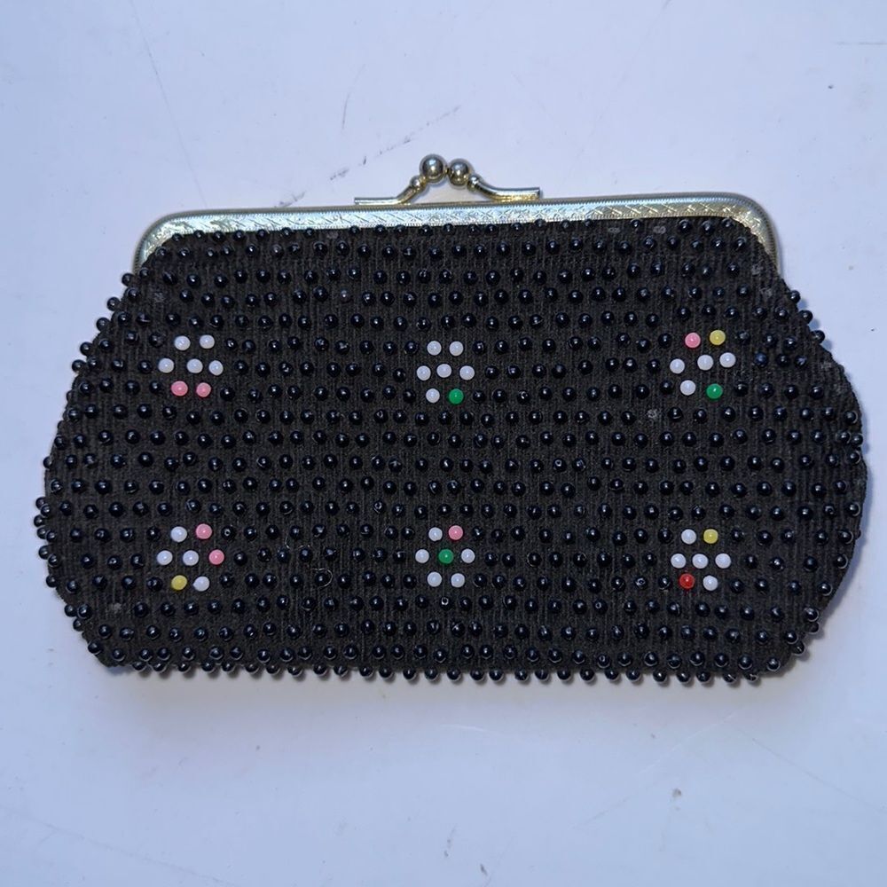 Vintage mid century black &  multi color beaded small snap‎ top bag